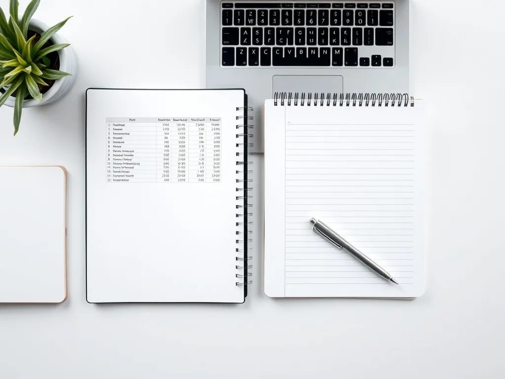 A minimalist organized desk with a laptop showing a spreadsh