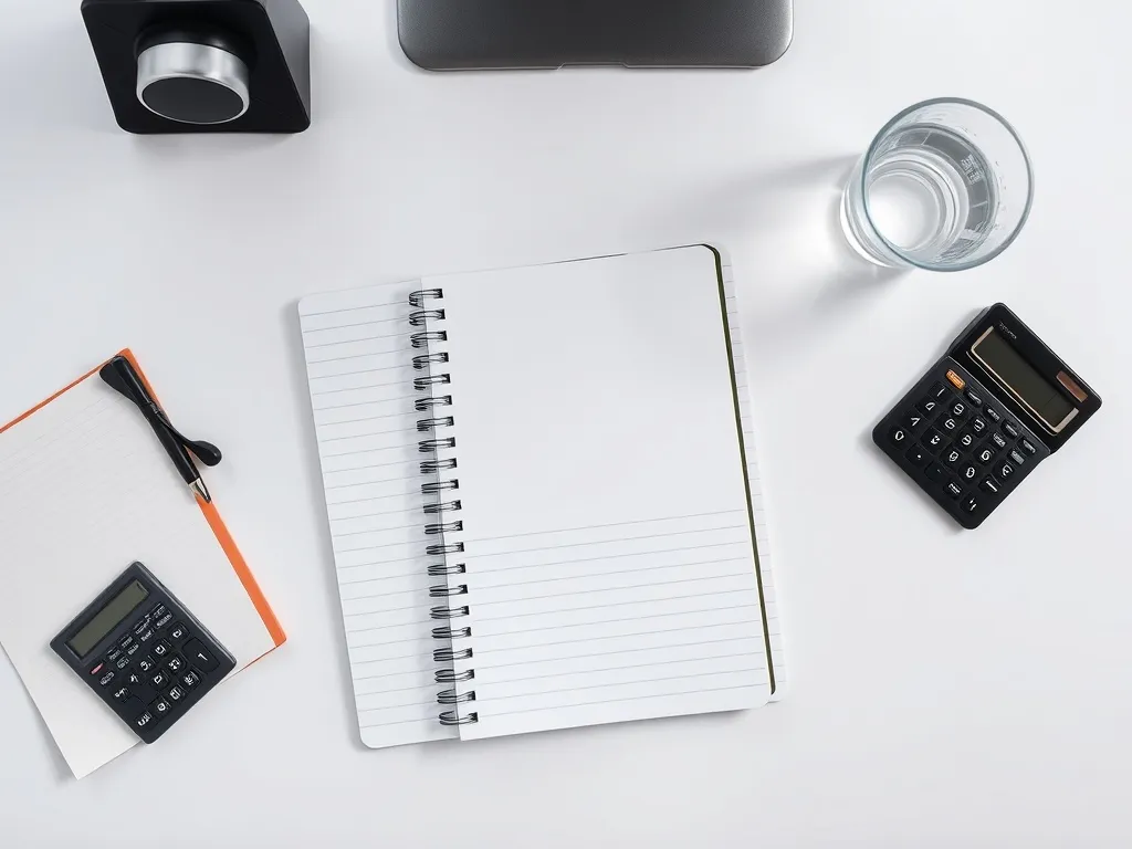 A minimalist organized desk with a notebook, a calculator, a