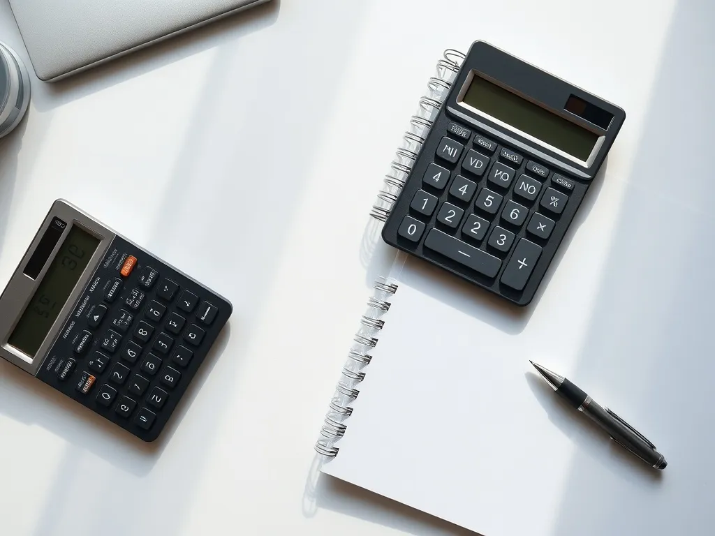 A professional office desk with a calculator, notebook, and