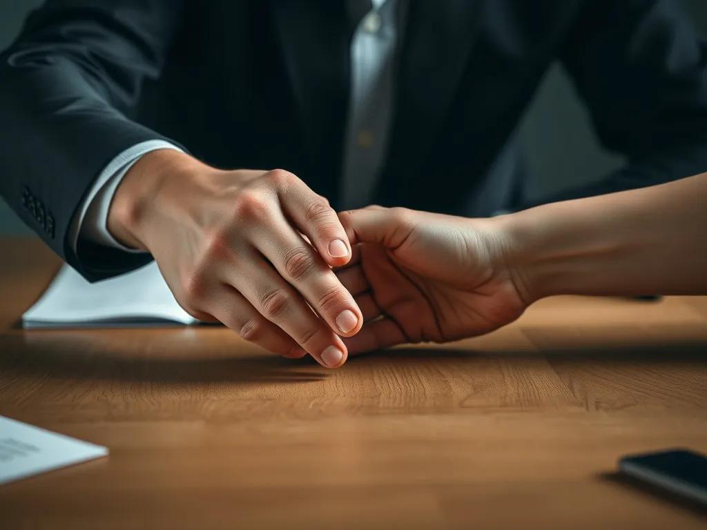 A close up of two hands shaking firmly over a wooden table,
